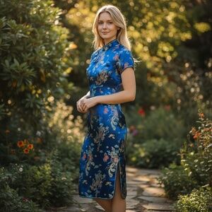 Blue Laogudai Cheongsam – Elegant Midi Pencil Dress